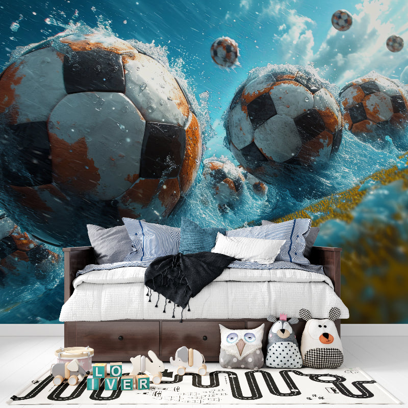Soccer themed wallpaper showcased in a modern living room setting