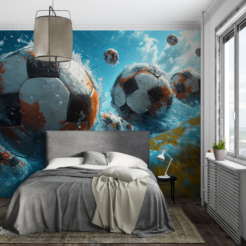 Dynamic football mural displayed in a sports bar environment