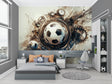 Football abstract wallpaper mural styled in modern teen bedroom with gaming setup