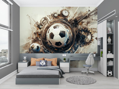Football abstract wallpaper mural styled in modern teen bedroom with gaming setup