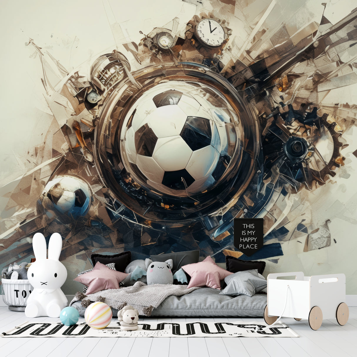 Dynamic football wall mural creating focal point in contemporary game room