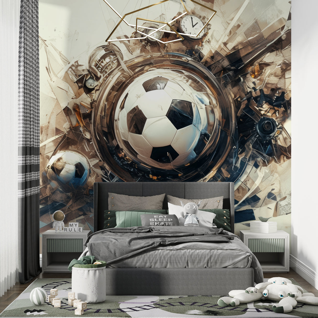Sports themed wallpaper bringing energy to modern home office space