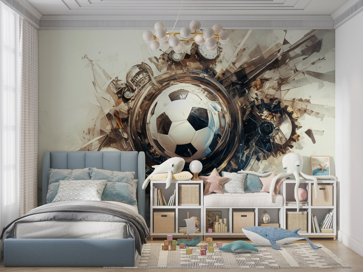 Abstract football mural wallpaper showcased in urban style living room