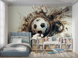 Abstract football mural wallpaper showcased in urban style living room