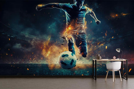 Football wall mural bringing dynamic energy to a modern teen bedroom, with dramatic fire effects creating an inspiring atmosphere