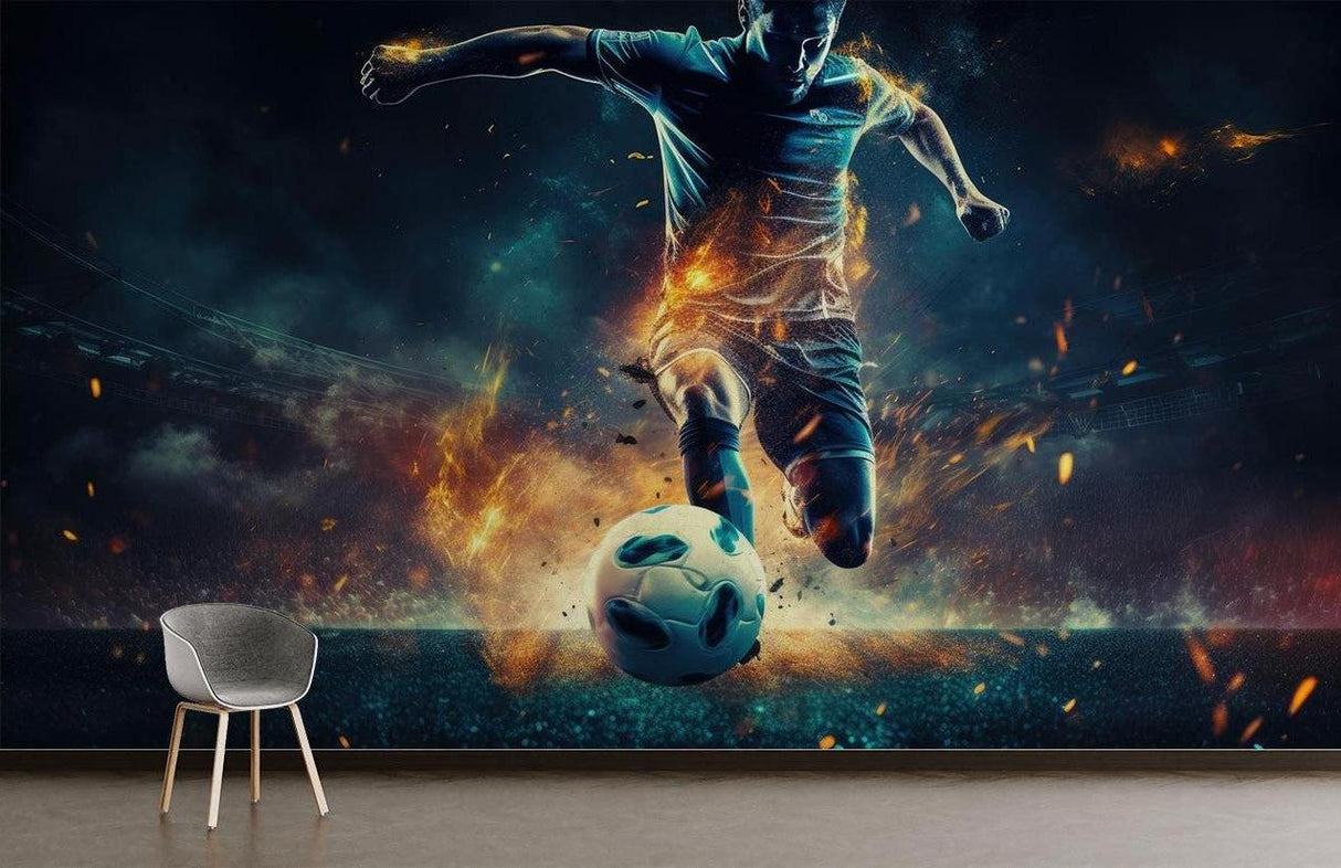Soccer themed wallpaper installed in a game room, showing the stunning fire effects in ambient lighting