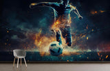 Soccer themed wallpaper installed in a game room, showing the stunning fire effects in ambient lighting