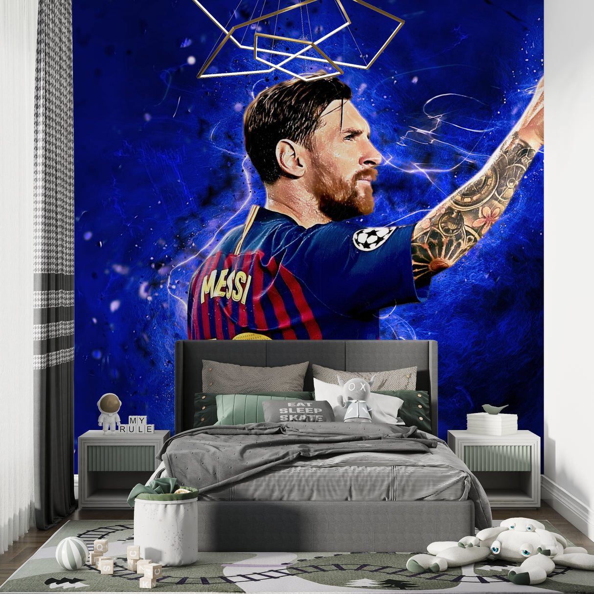 Sports wall mural creating focal point in modern living room setting
