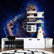 Football wallpaper mural styled in modern teen bedroom with blue accents and gaming setup