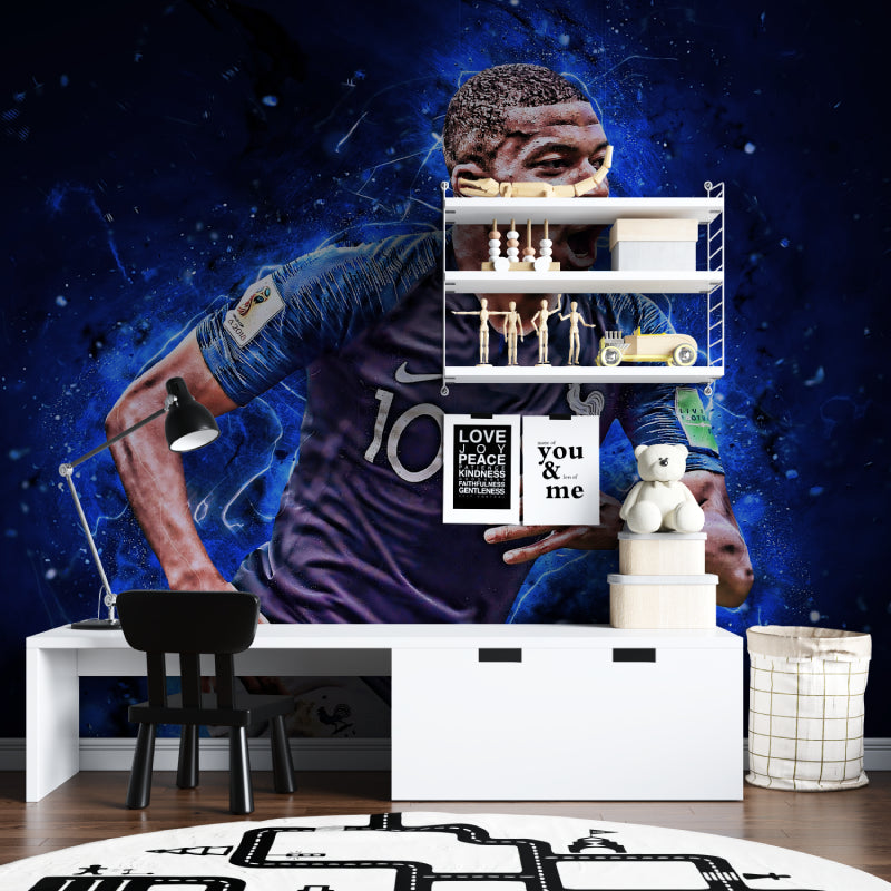 Football wallpaper mural styled in modern teen bedroom with blue accents and gaming setup