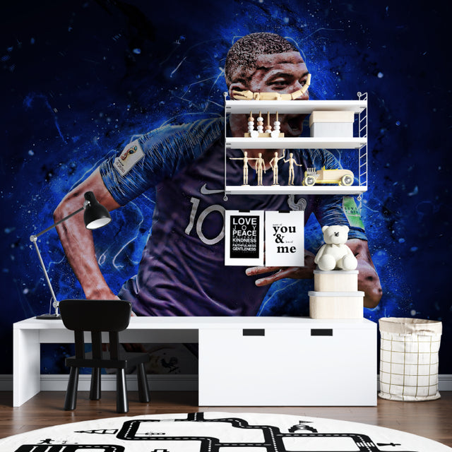 Football wallpaper mural styled in modern teen bedroom with blue accents and gaming setup