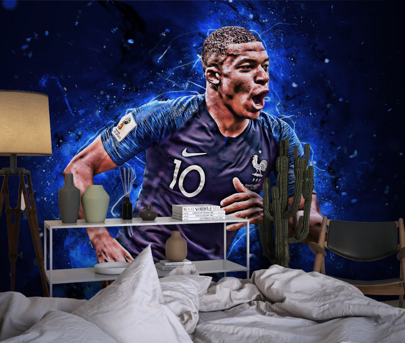 Blue football mural displayed in contemporary home gym with training equipment