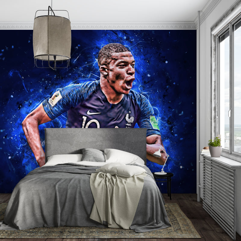 Sports themed wallpaper showcased in game room with comfortable seating