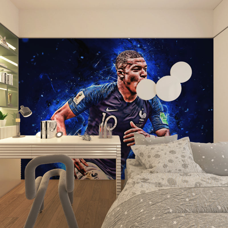 Football themed wallpaper installation in modern living space with minimal furniture
