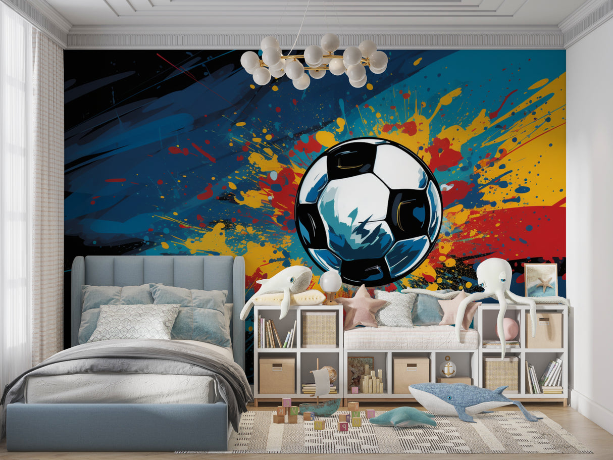 Soccer themed wall design transforming a home gym space