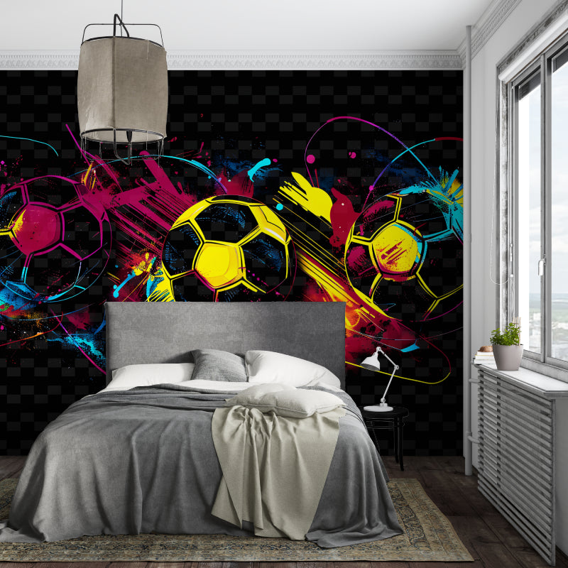 Football mural wallpaper bringing vibrant energy to a modern teen bedroom with colorful soccer design