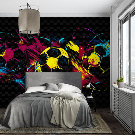 Football mural wallpaper bringing vibrant energy to a modern teen bedroom with colorful soccer design