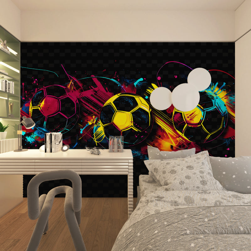 Soccer wall mural displayed in a game room showing dynamic black background with bright splashes