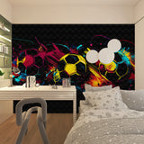 Soccer wall mural displayed in a game room showing dynamic black background with bright splashes