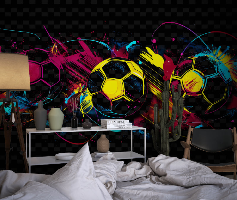 Football themed wallpaper bringing color to a sports bar with artistic soccer design