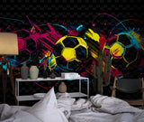 Football themed wallpaper bringing color to a sports bar with artistic soccer design