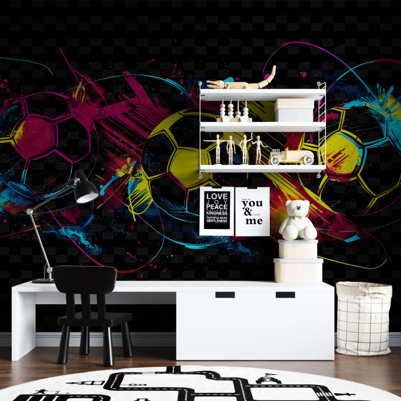 Sports mural wallpaper creating impact in a kids playroom with colorful football pattern