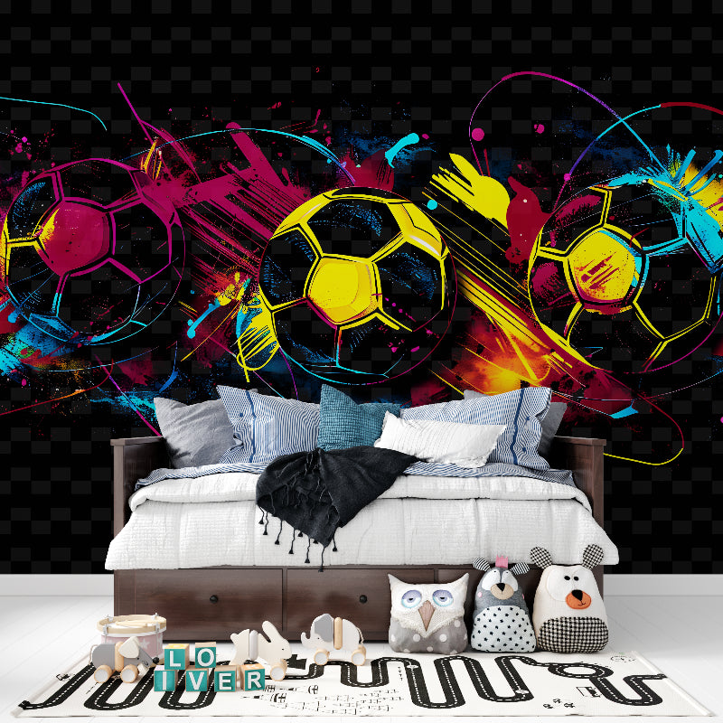 Soccer wallpaper installation in a modern living room showing scale and vibrant colors