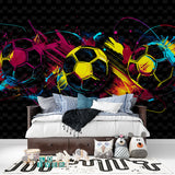 Soccer wallpaper installation in a modern living room showing scale and vibrant colors