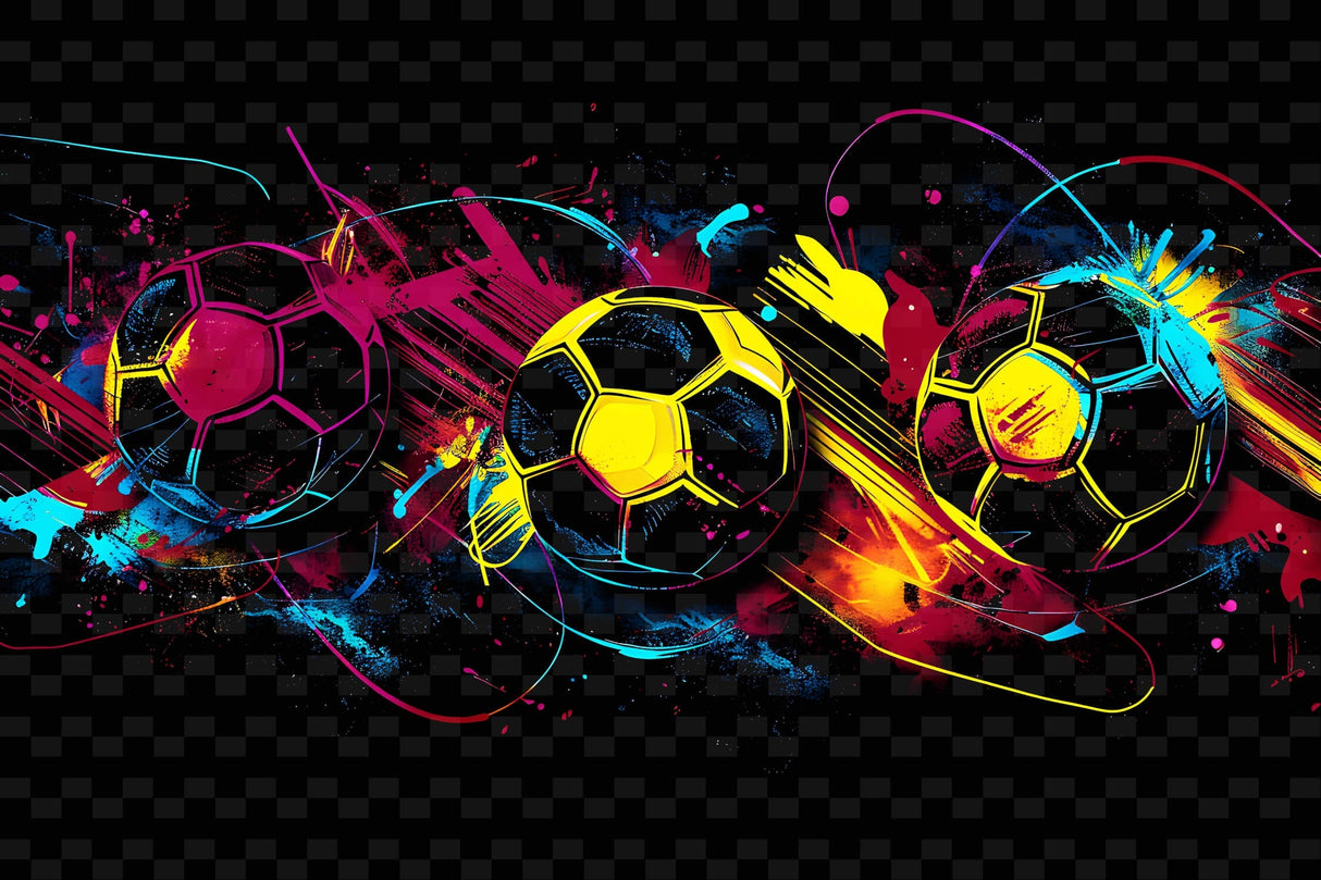 Football wallpaper design file showing detailed pattern of dynamic soccer balls with color splashes
