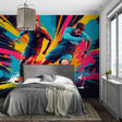 Football graffiti wallpaper in modern teen bedroom, showing vibrant street art style