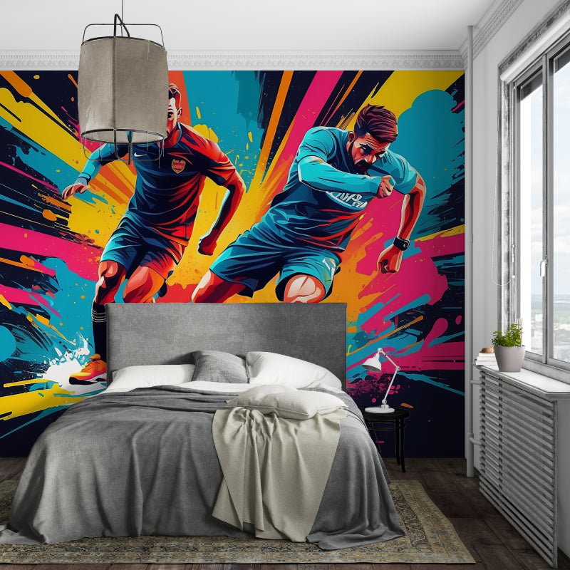 Football graffiti wallpaper in modern teen bedroom, showing vibrant street art style