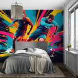 Football graffiti wallpaper in modern teen bedroom, showing vibrant street art style