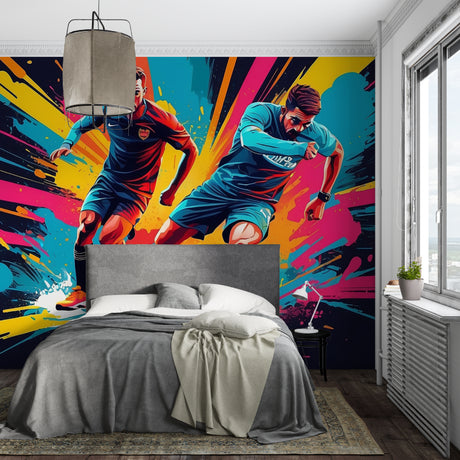Football graffiti wallpaper in modern teen bedroom, showing vibrant street art style