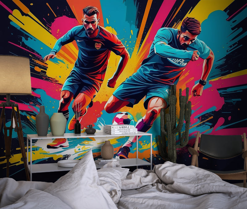 Urban soccer mural in game room with gaming setup