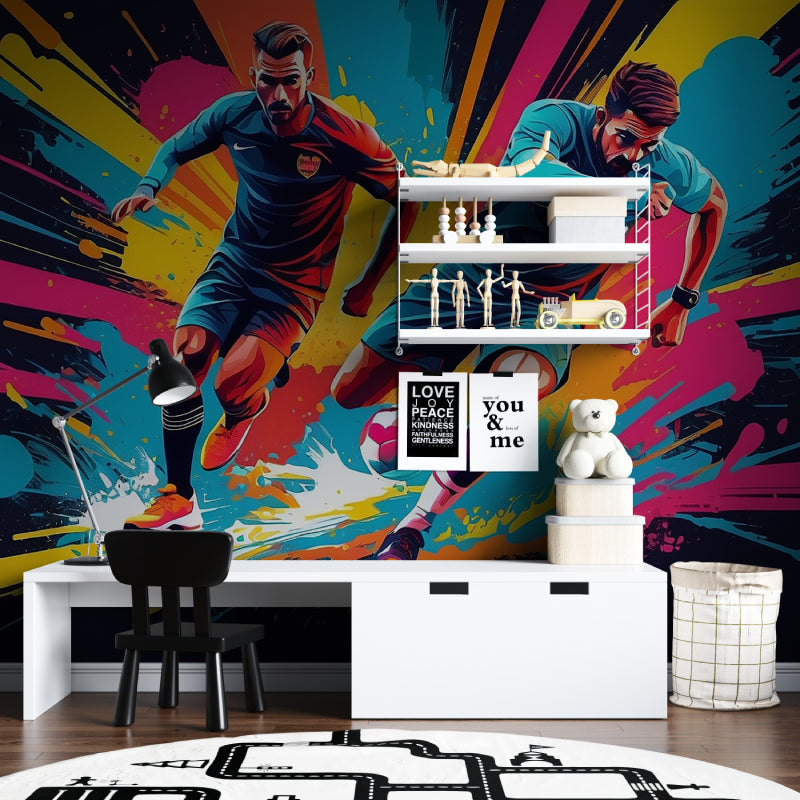 Sports den featuring football graffiti wall mural with LED lighting