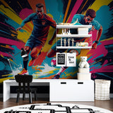 Sports den featuring football graffiti wall mural with LED lighting
