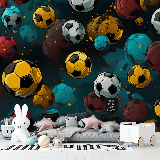Football mural wallpaper bringing energy to a modern teen bedroom with metallic accents