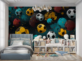 Sports themed wallpaper transforming a game room with dynamic floating footballs