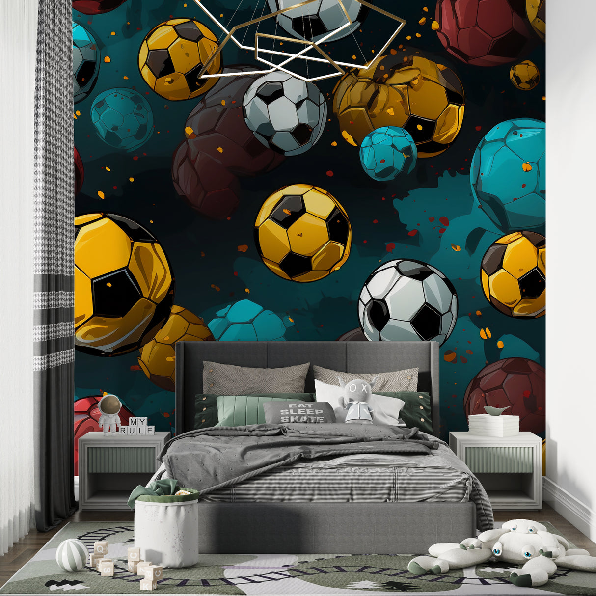 Soccer wall mural creating depth in a kids playroom with teal and gold tones