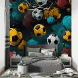 Soccer wall mural creating depth in a kids playroom with teal and gold tones