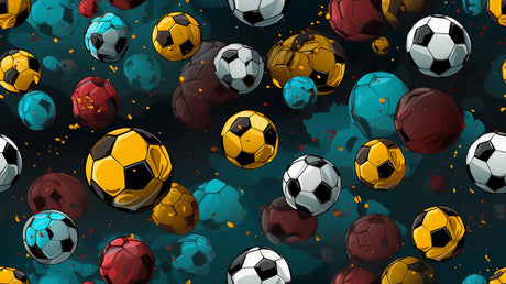 Design file showing detailed pattern of floating footballs on deep teal background