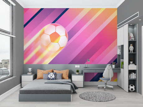 Football wallpaper mural in modern teen bedroom showing pink and orange gradient design