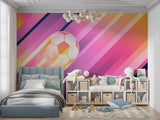 Pink football mural wallpaper installed in contemporary game room with modern furniture