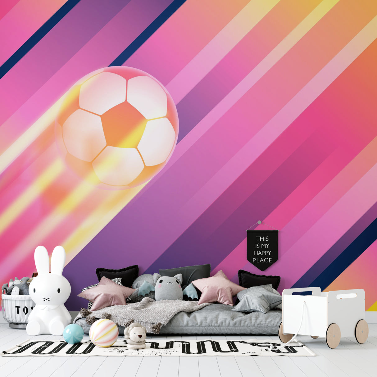 Dynamic football wallpaper design displayed in modern living space with pink accents