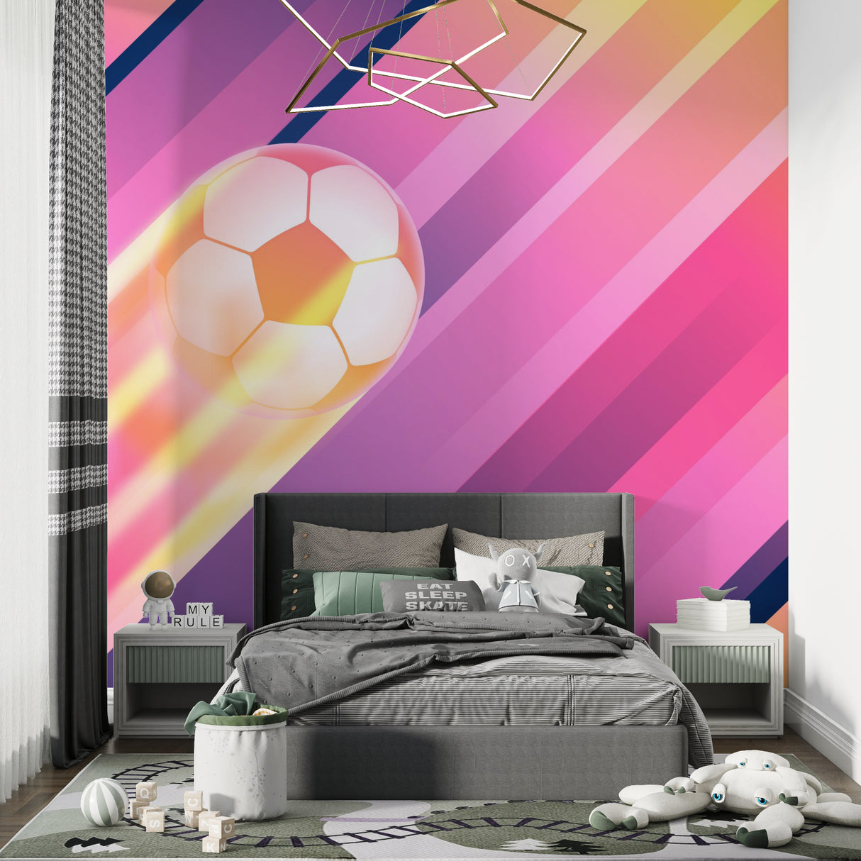 Pink and orange football mural creating focal point in urban style bedroom