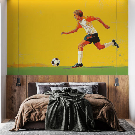 Football wall mural bringing sporty energy to a modern teen bedroom, showing dynamic player design against yellow background