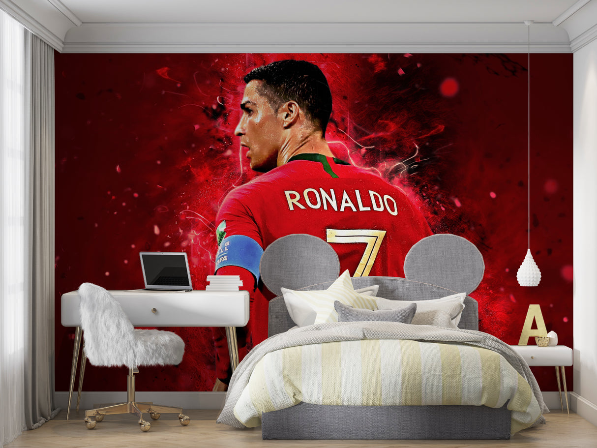 Dynamic red football wallpaper creates stunning home gym atmosphere