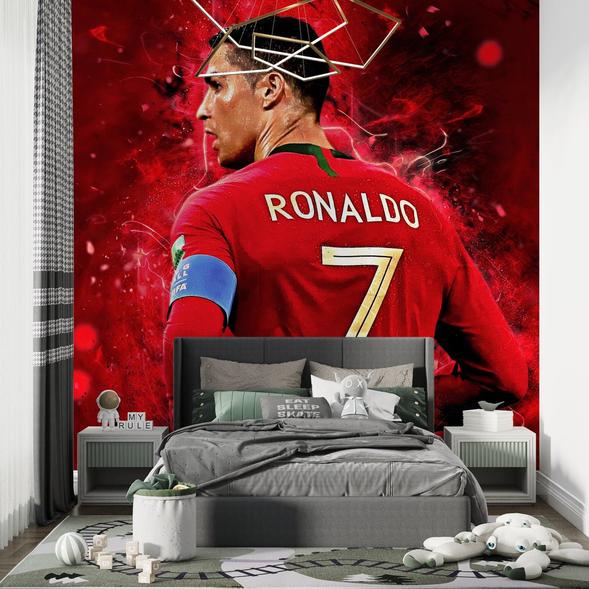 Red football mural making statement in contemporary living room