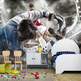 Football wallpaper mural shown in modern teen bedroom, creating dynamic sports atmosphere with stadium lighting effects