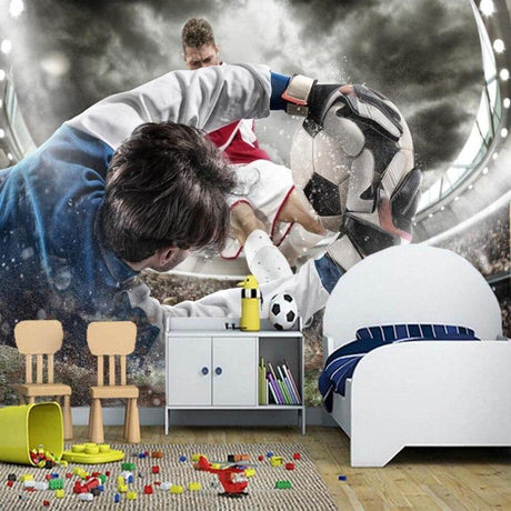 Football wallpaper mural shown in modern teen bedroom, creating dynamic sports atmosphere with stadium lighting effects